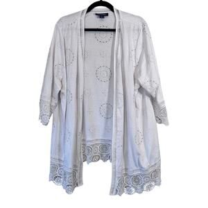 Roamans White Eyelet Crochet Kimono Cardigan Sweater Womens 22/24 Beachy Summer
